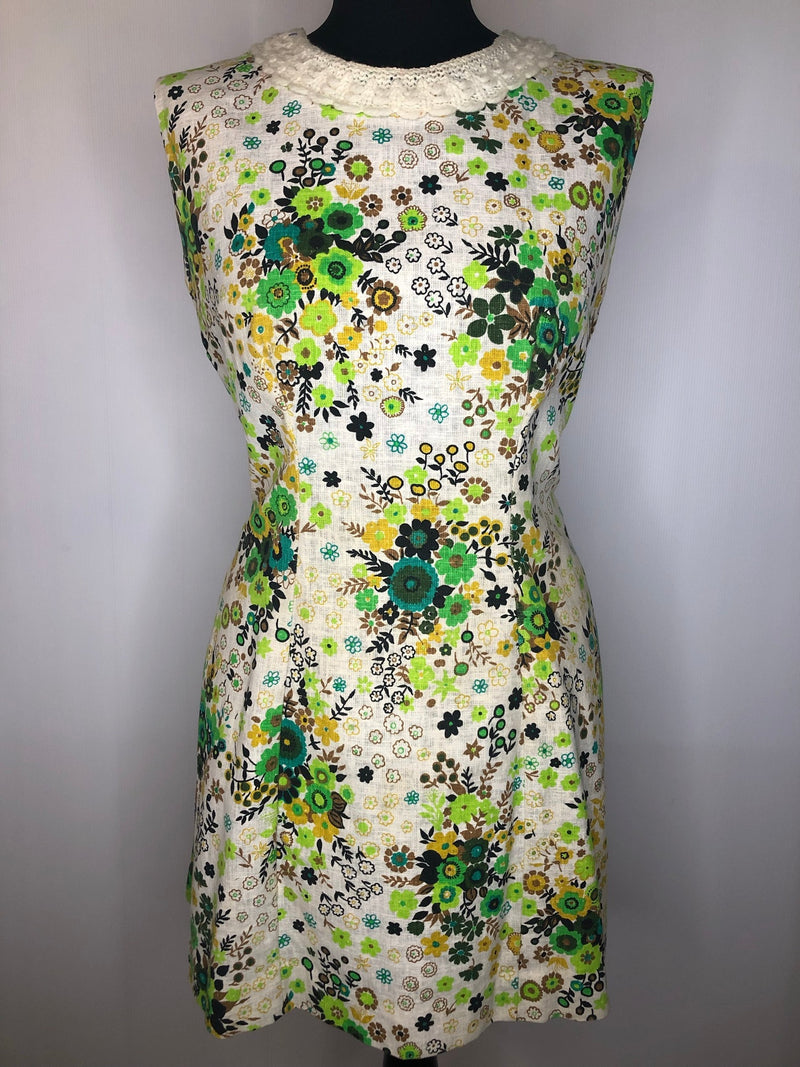 womens  vintage  Urban Village Vintage  urban village  summer  sleeve  Purple  multi  mini dress  green  floral dress  dress  crochet neck  beige  60s  1960s  12