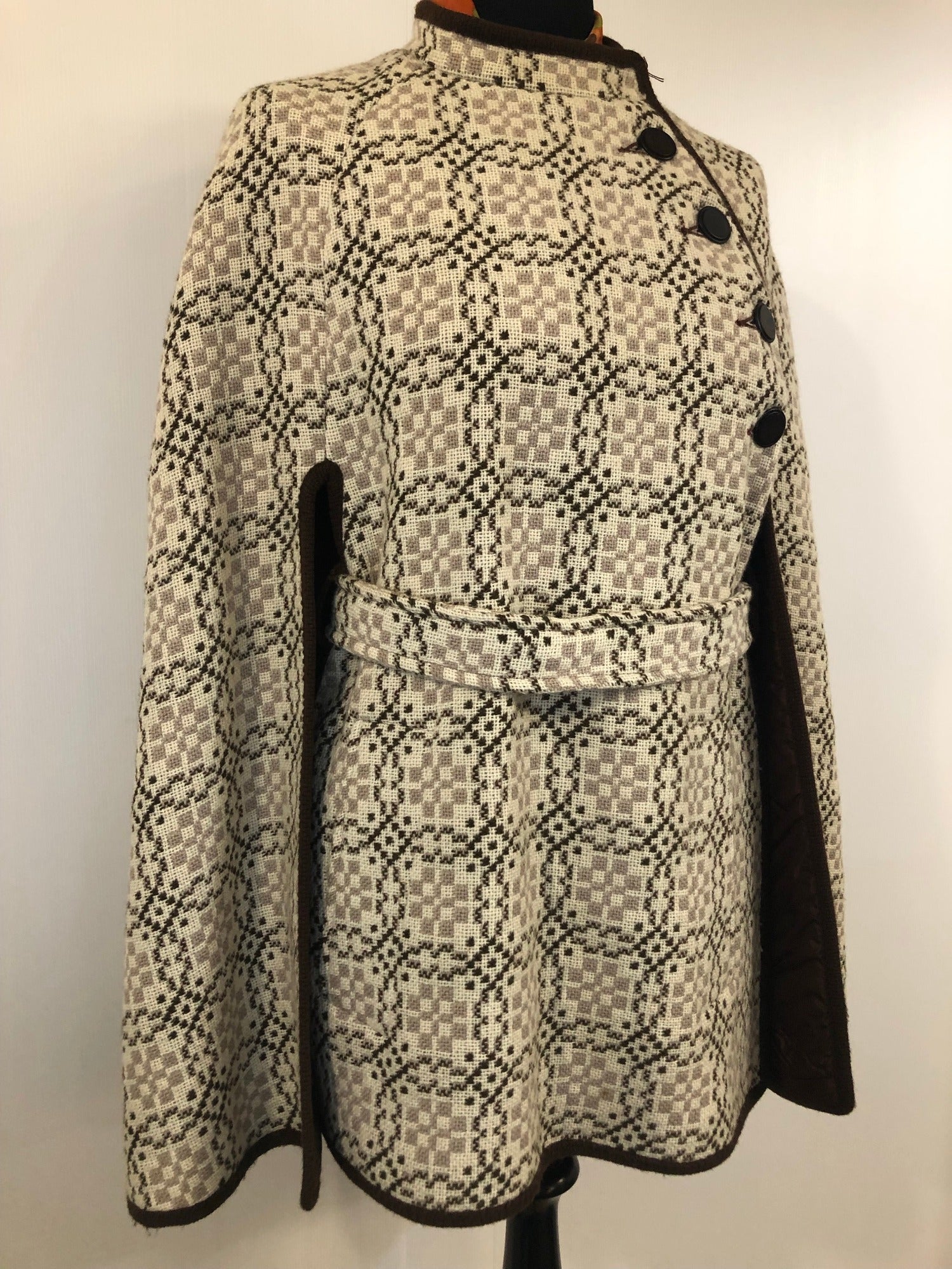 womens  Winter Jacket  Winter Coat  winter  Welsh Woollens  welsh wool  welsh  waist belt  vintage  Urban Village Vintage  tapestry  S  MOD  Eclipse  cream  cape  brown  60s  1960s