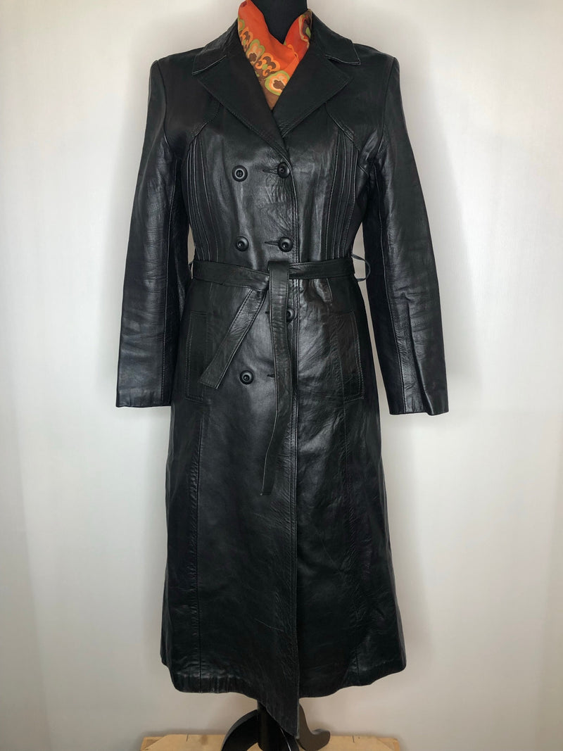 womens jacket  womens coat  womens  waist belt  vintage  Urban Village Vintage  urban village  pockets  pleat back  Leather Jacket  Leather  Jacket  double breatsed  button  black  Belted waist  belted jacket  belt  70s  70  1970s  10
