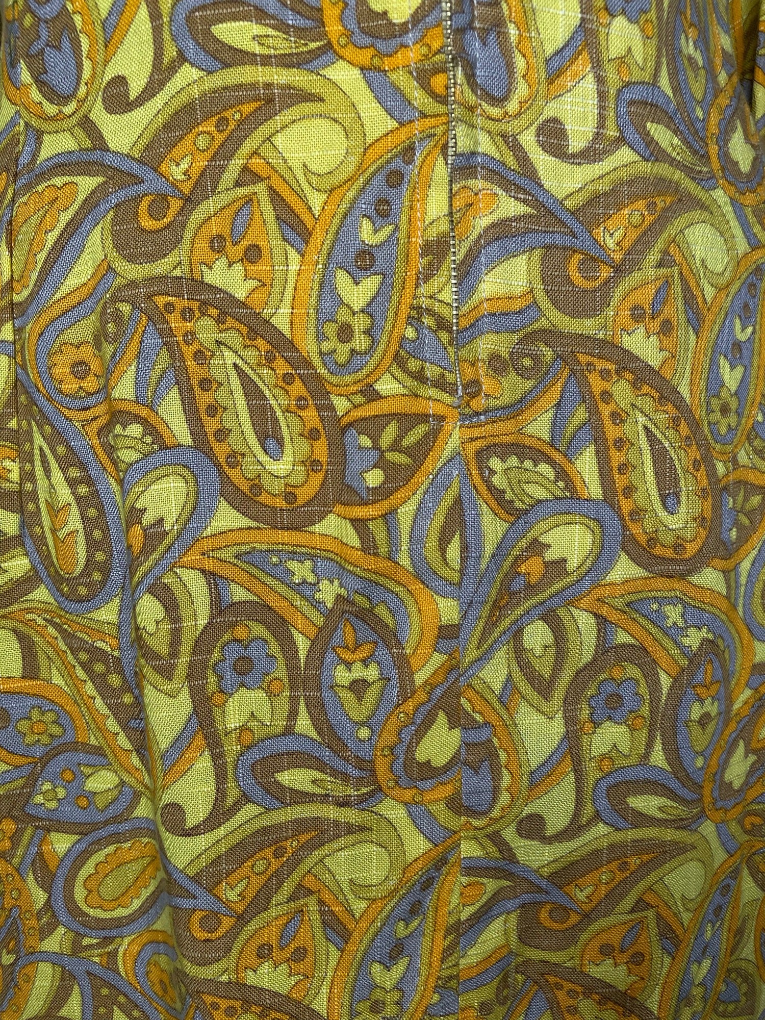 Yellow  womens  vintage  retro  quarter zip  Paisley Print  paisley  Orange  open collar  midi dress  midi  long sleeve  large collar  dress  70s  1970s  14