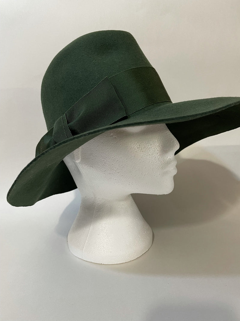 wide brim  floppy hat  womens  vintage  Vermont boutique  velvet ribbon  Urban Village Vintage  urban village  Small  ribbon  retro  made in england  London  hat  Green  dress hat  bow detail  bow  70s  1970s
