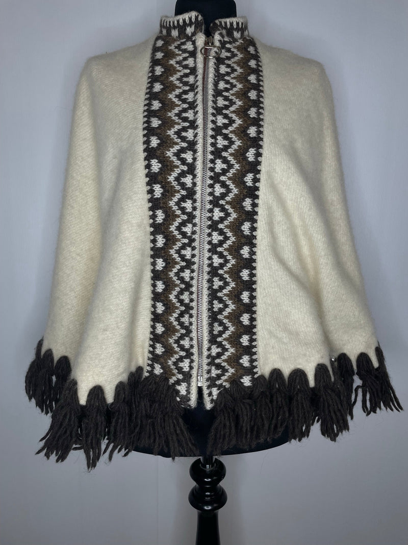 wool  vintage  Urban Village Vintage  tassle  poncho  navajo  medium  m  icelandic  fringed  fringe  cream  capelet  cape  brown  boho  70s  1970s