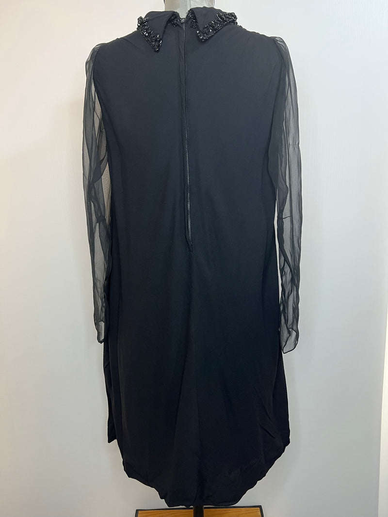 womens  vintage  smock dress  roll neck  retro  print dress  MOD  embellished neckline  embellished  dress  chiffon sleeve  black  60s  1960s  12