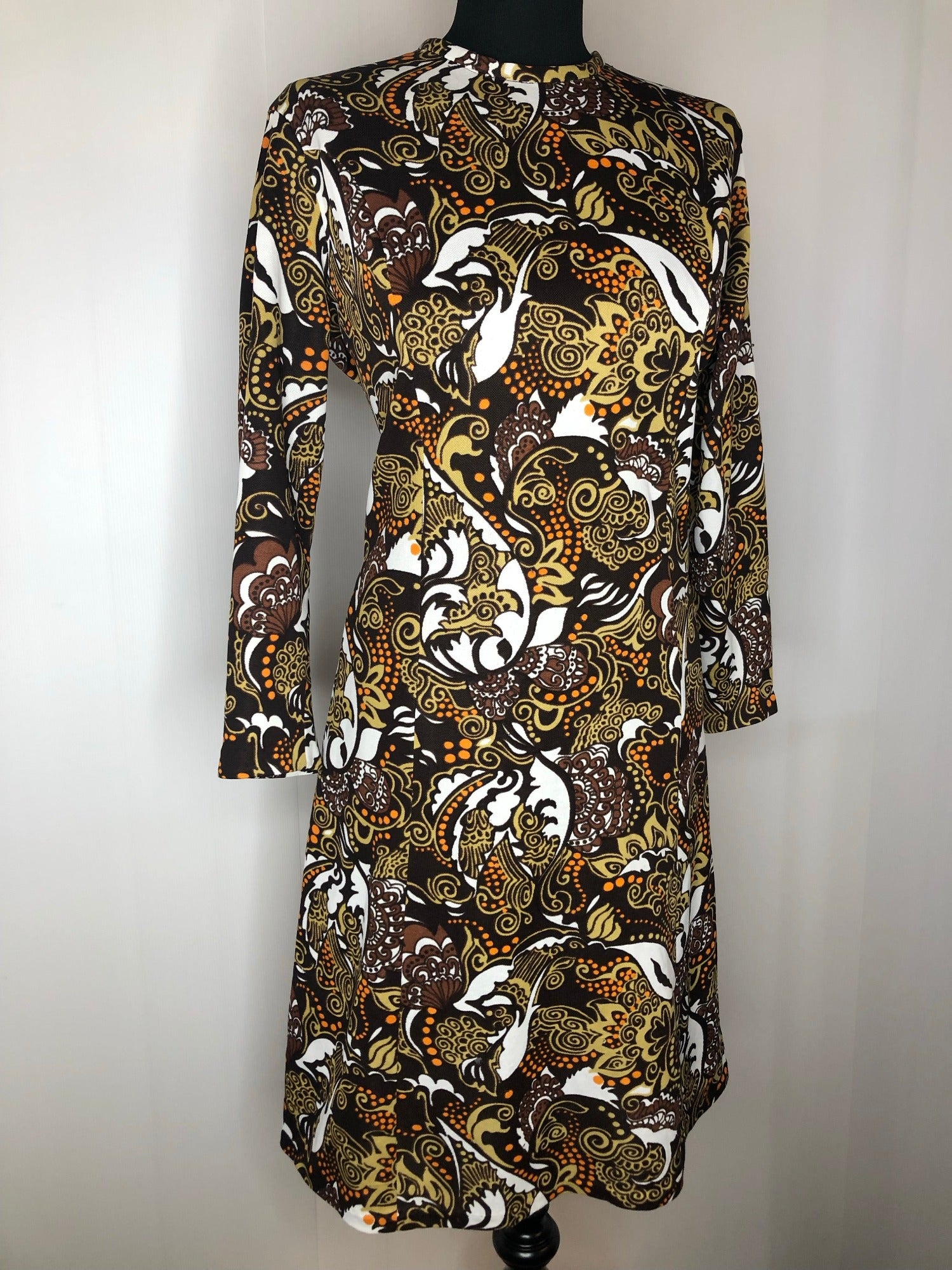 womens  vintage  Urban Village Vintage  Turquoise  round neck  psychedelic  psychdelic  psych  print dress  MOD  floral print  floral dress  dress  brown  back zip  60s  1960s  16