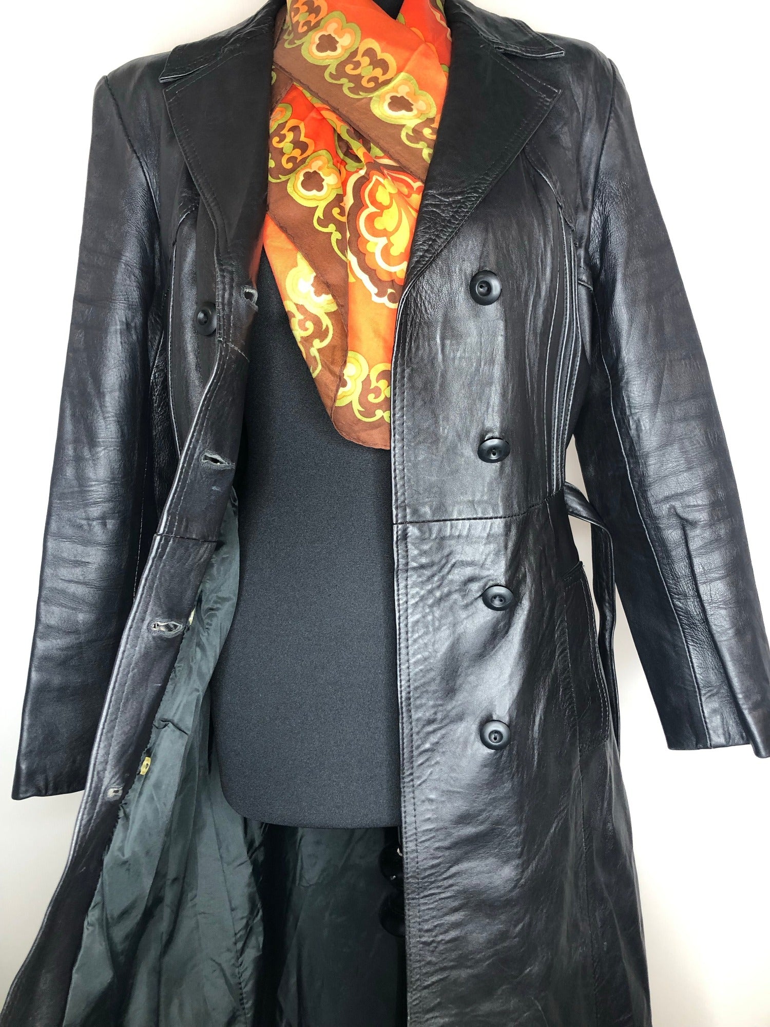 womens jacket  womens coat  womens  waist belt  vintage  Urban Village Vintage  urban village  pockets  pleat back  Leather Jacket  Leather  Jacket  double breatsed  button  black  Belted waist  belted jacket  belt  70s  70  1970s  10