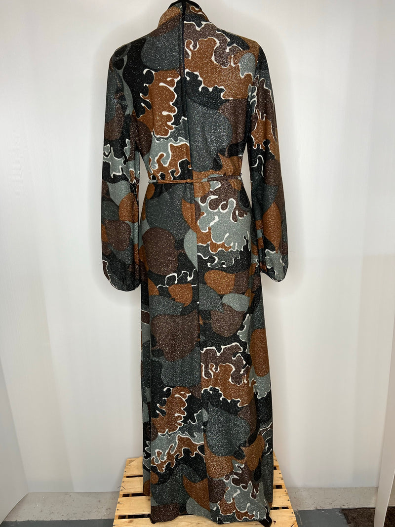 womens  vintage  Urban Village Vintage  tassel belt  Stripes  psychedelic  print dress  print  metallic  maxi dress  lurex fabric  long sleeve  leaf print  glitter  dress  brown  Blue  balloon sleeves  balloon sleeve  70s  1970s  14