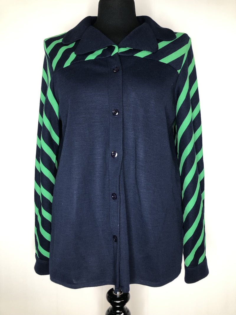 womens  vintage  Urban Village Vintage  urban village  Stripes  shirt  round collar  long sleeve  Highlight  Green  collar  button front  button  blue  blouse  big collar  70s  1970s