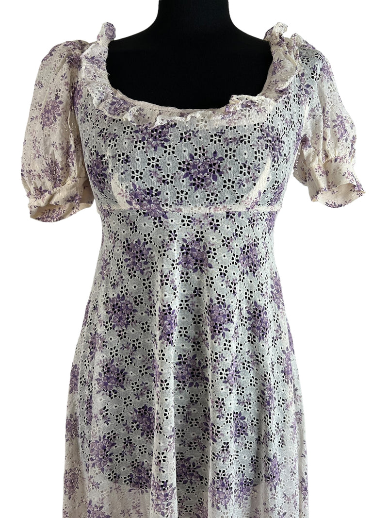 womens  white  vintage  Urban Village Vintage  urban village  summer dress  summer  see through  ruffles  ruffle hem  purple  puff sleeve  maxi  lace  hippie  frill neckline  floral print  floral lace  floral dress  dress  boho  8  70s  70  1970s