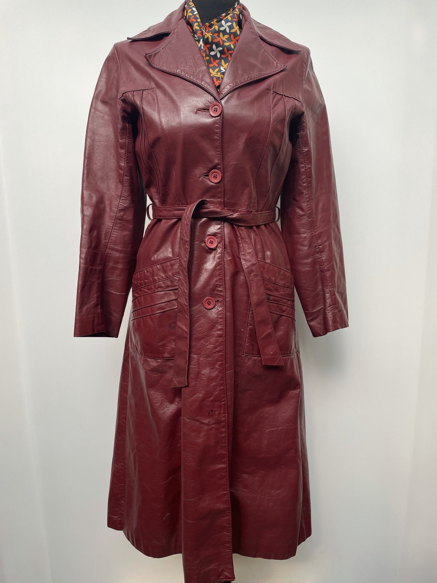 womens  vintage  Urban Village Vintage  urban village  retro  pockets  long sleeve  Leather Jacket  Leather detailing  Leather Coat  Leather  lapels  Jacket  button down  burgundy  belted jacket  belted  70s  1970s  10