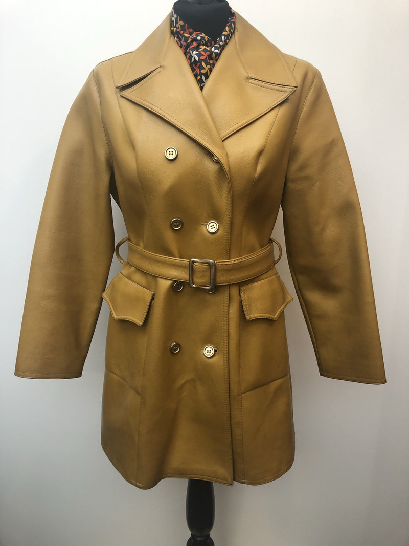 Yellow  womens  Vinyl PVC  vintage  Urban Village Vintage  mustard  MOD  lapels  Jacket  Faux Leather  coat  Belted waist  belt  70s  1970s  1960s  12  10