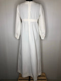 womens  white  vintage  Urban Village Vintage  urban village  shine  MOD  maxi dress  maxi  long sleeves  long sleeved  long sleeve  high neck  full skirt  evening dress  evening  dress  crew neck  button front  8  70s