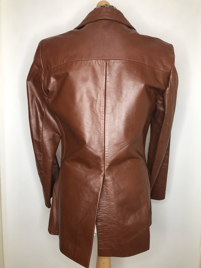 vintage  Urban Village Vintage  urban village  S  round collar  pockets  mens  long sleeve  Leather Jacket  Leather Coat  Leather  button  brown  70s  1970s