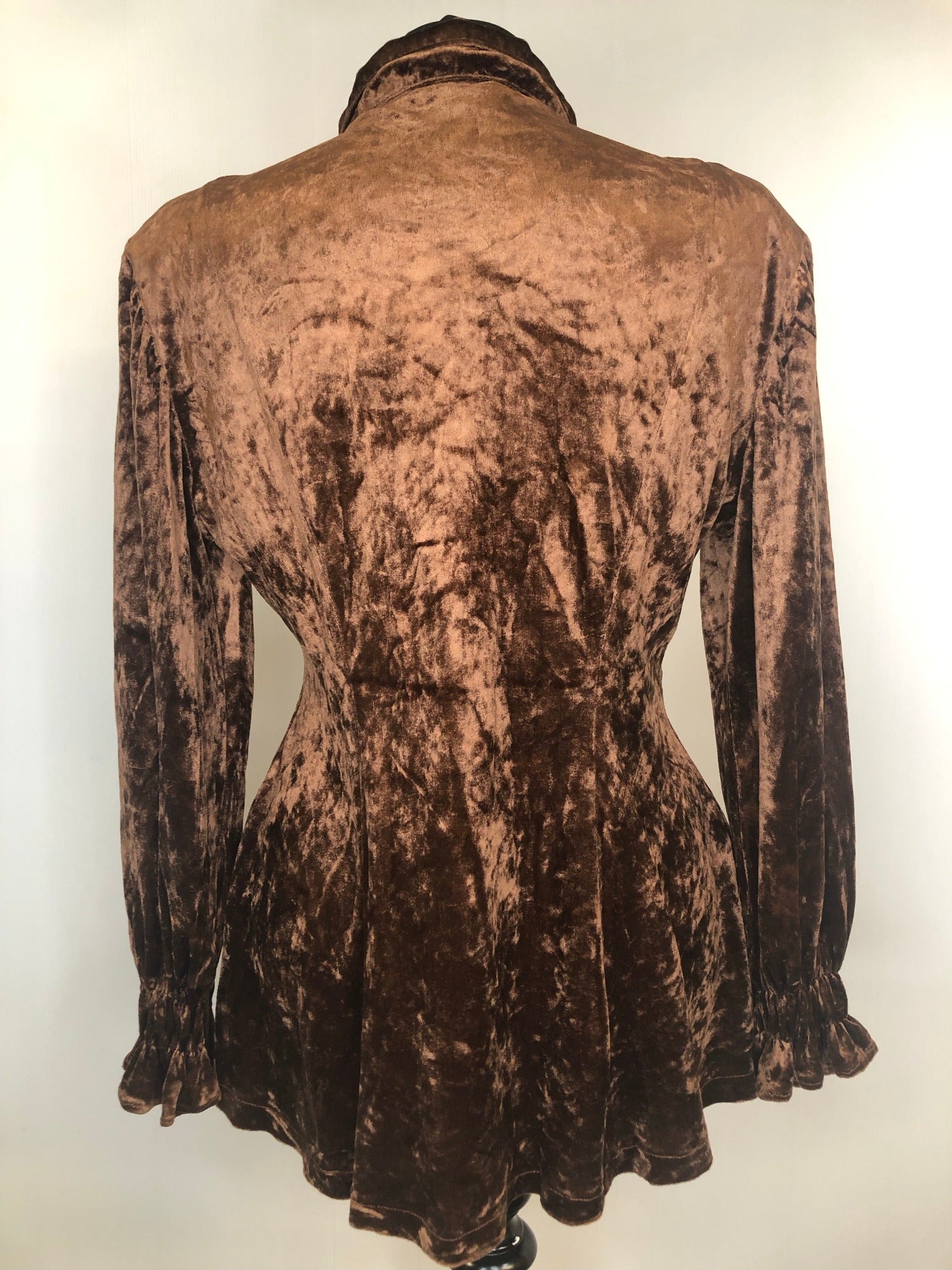 womens  vintage  velvet  Urban Village Vintage  top  frill sleeve  dagger collar  brown  blouse  70s  1970s  12