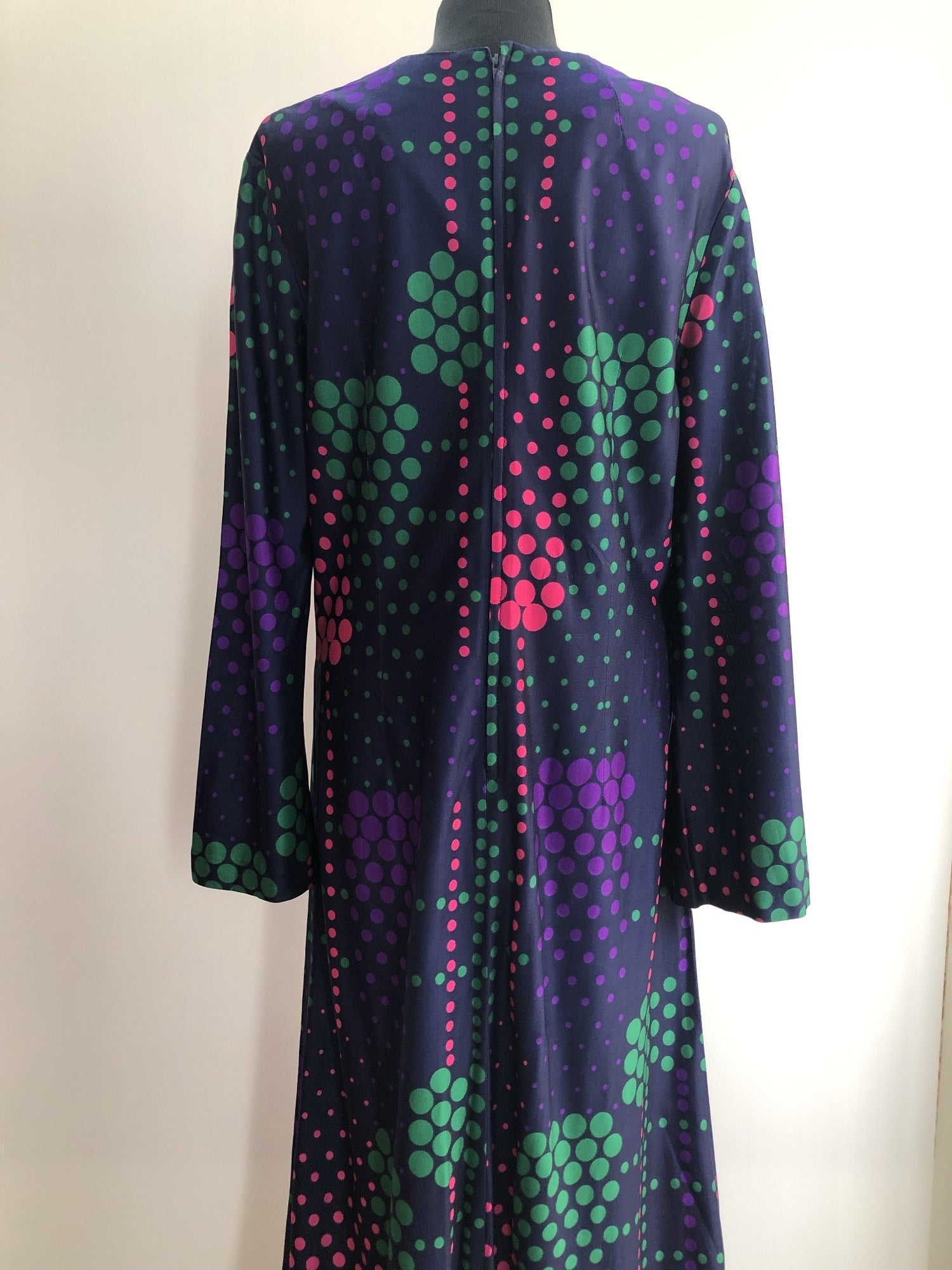 womens  vintage  v-neck dress  Urban Village Vintage  retro  purple  multi  maxi dress  Frederick Howard  dress  circle print  bell sleeve  70s  1970s  12