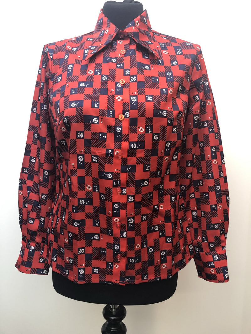 womens  vintage  Urban Village Vintage  top  St Michael  square print  square pattern  red  floral  dagger collar  Blue  blouse  70s  1970s  14