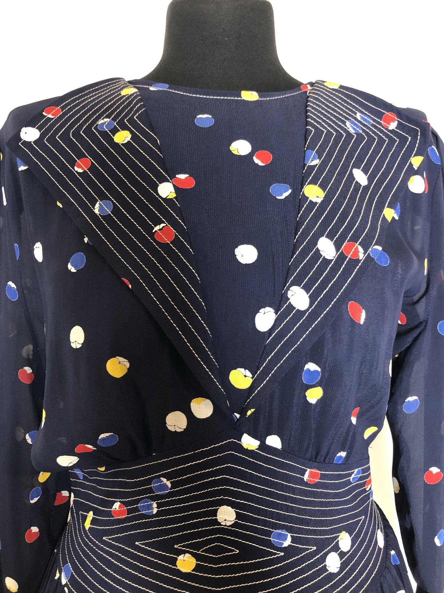 womens  white  vintage  Urban Village Vintage  summer dress  stitch detailing  stitch detail  print  navy  multi  long sleeve  dress  circle print  circle  blue  70s  1970s  16