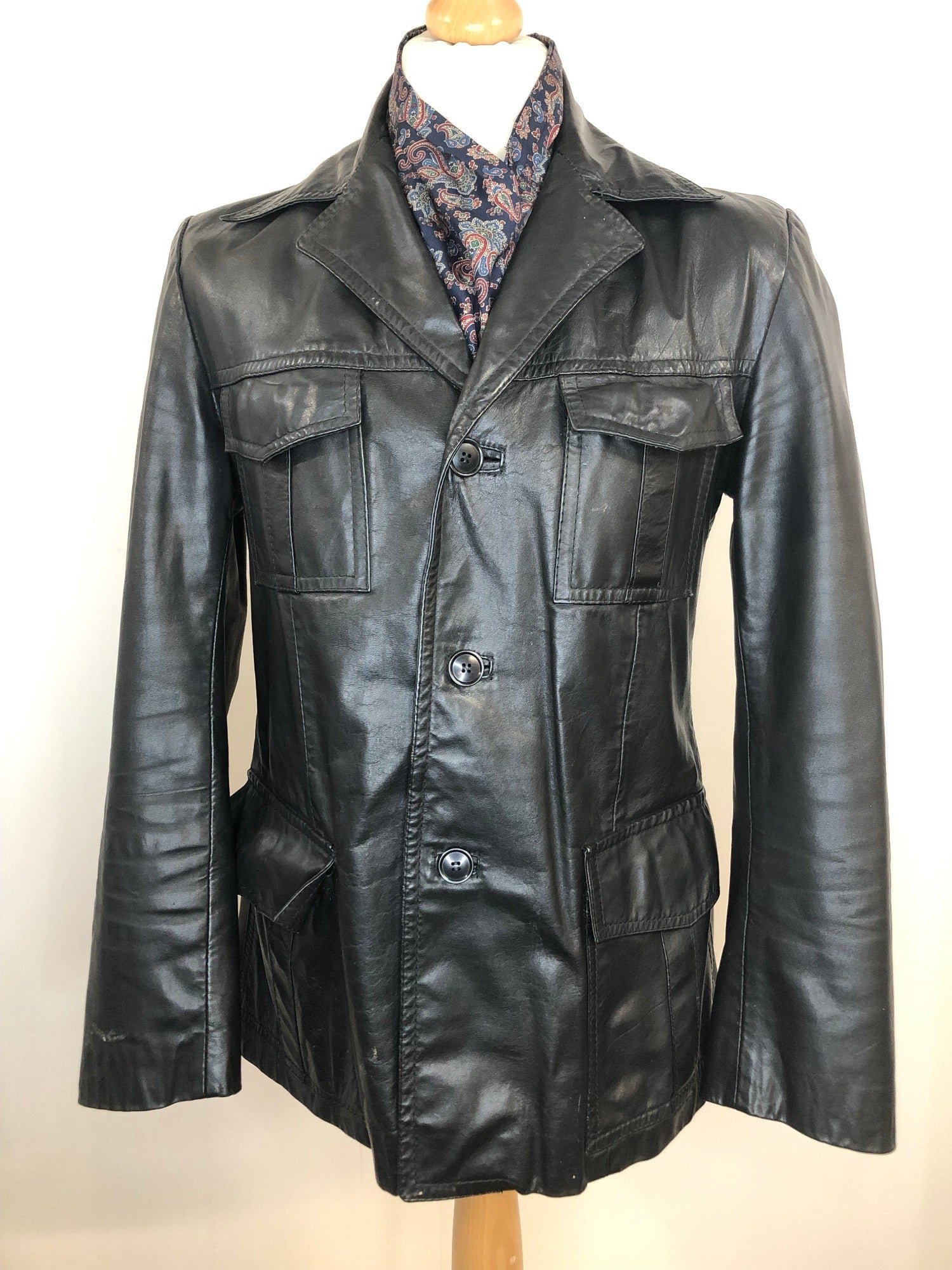 vintage  Urban Village Vintage  urban village  s  pockets  Mr Clive  mens  long sleeve  Leather Jacket  Leather  front pockets  chest pockets  Black Leather  Black Jacket  black  70s  1970s
