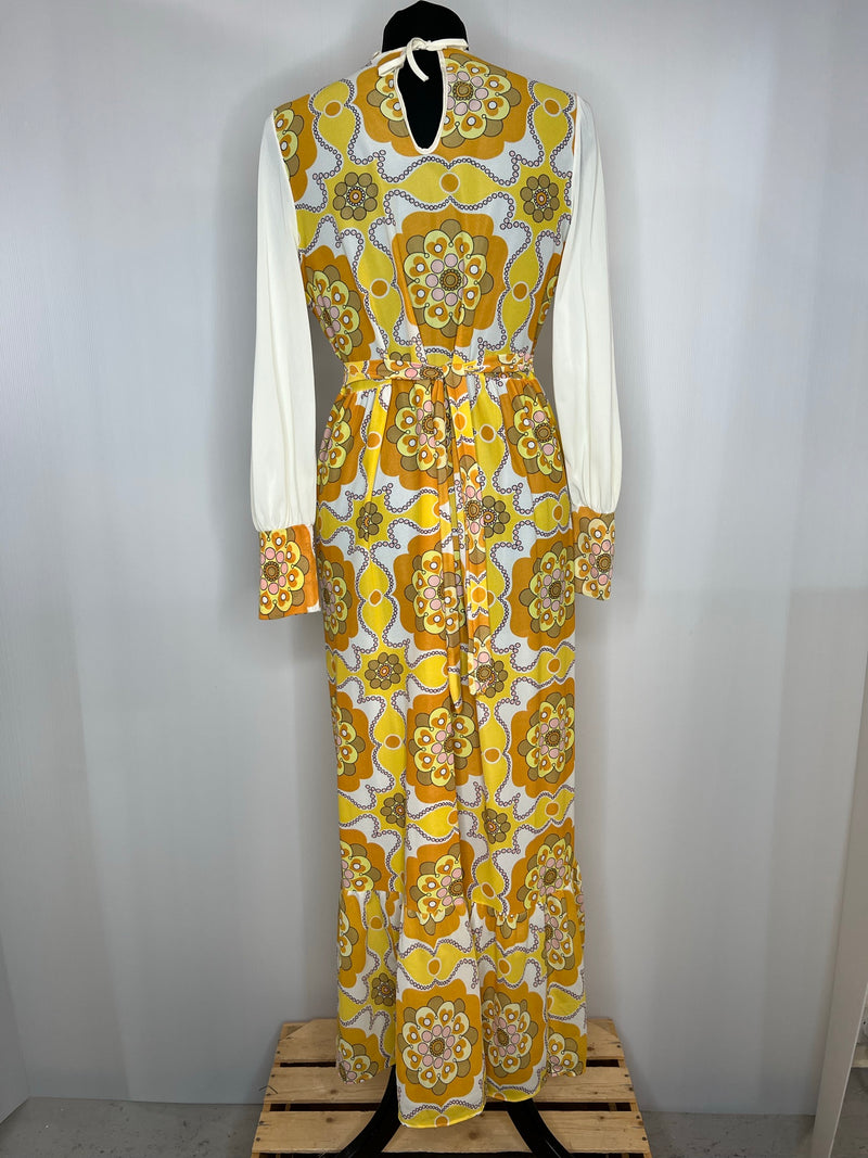 womens  white  waist detail  vintage  velvet bow detail  psychedelic  print dress  orange  maxi dress  floral print  floaty  dress  boho  balloon sleeves  balloon sleeve  70s  1970s  12  10