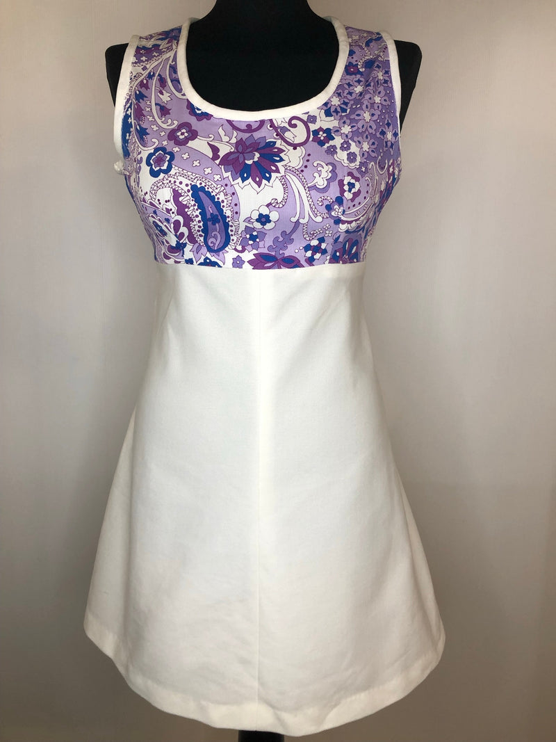 womens  white  vintage  sleeveless  retro  Purple  print dress  MOD  mini dress  dress  60s  1960s  10