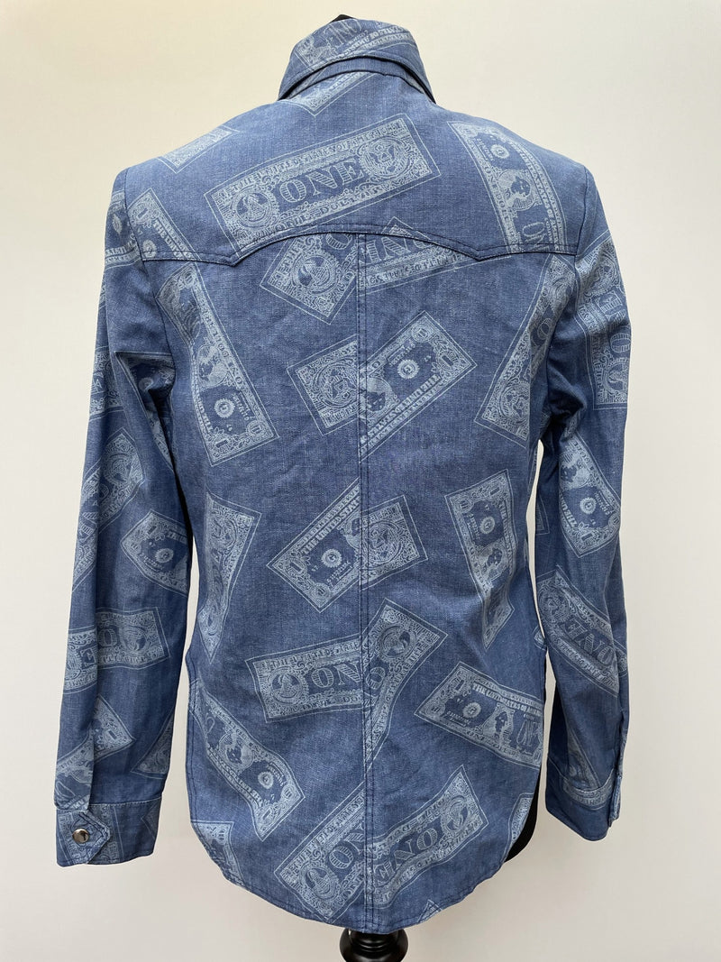 womens  vintage  Urban Village Vintage  urban village  thick  Shirt  S  retro  printed  print  press stud fastening  long sleeves  long sleeve  jean  Jacket  indigo  dereta  denim shirt  denim  Cotton  collar  blue  big collar  american  70s  70  60s  1970s  1960s  16  14/16