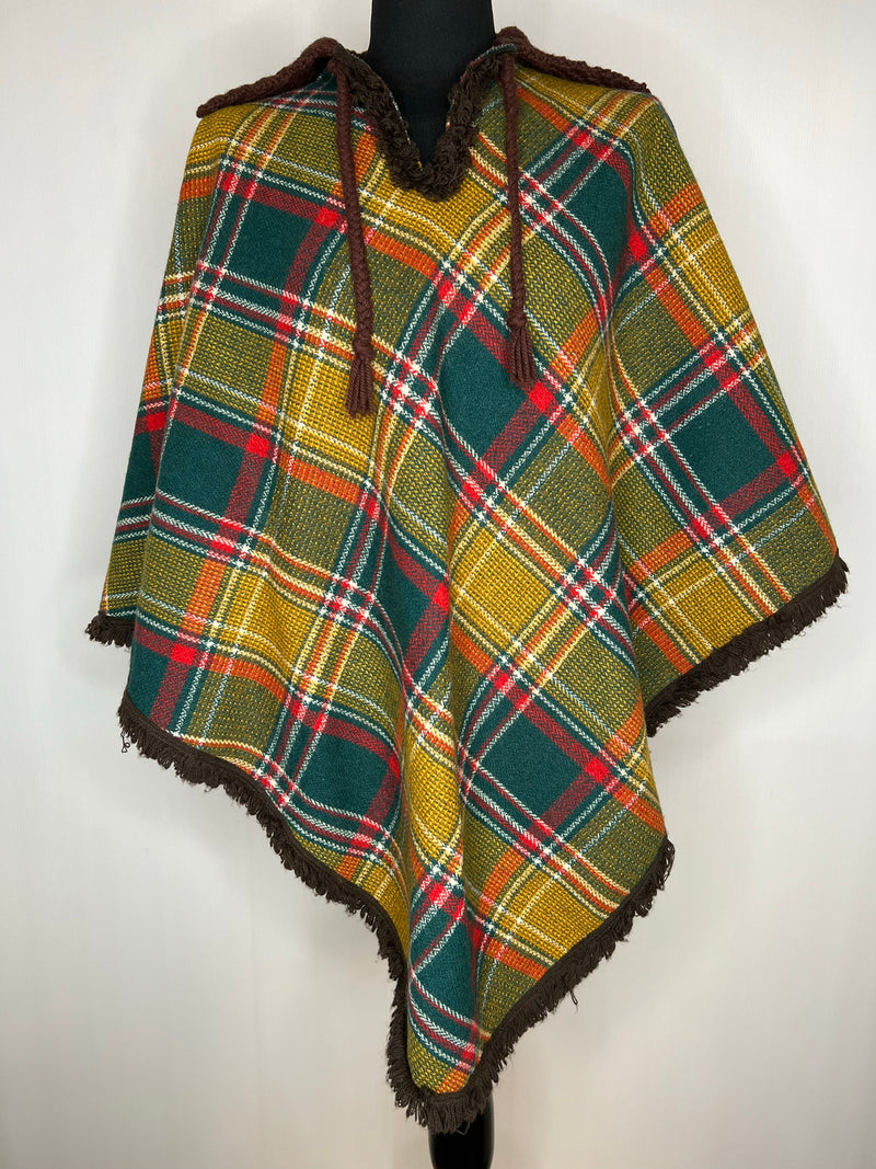 vintage  Urban Village Vintage  tassle  tartan  S  red  poncho  green  fringed  fringe  check  cape  brown  60s  1960s
