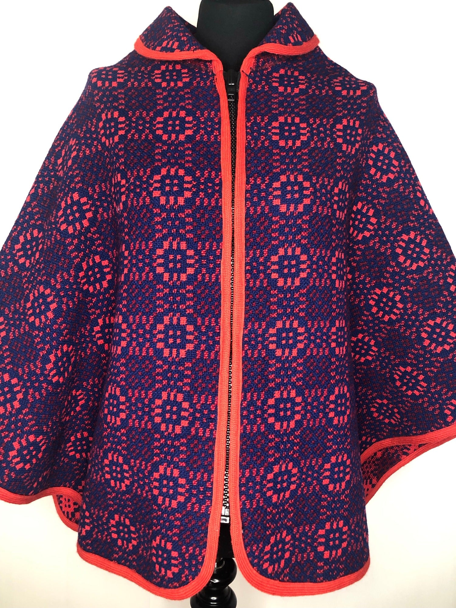 womens  welsh wool  welsh  vintage  Urban Village Vintage  tapestry  S  red  MOD  cape  blue  60s  1960s