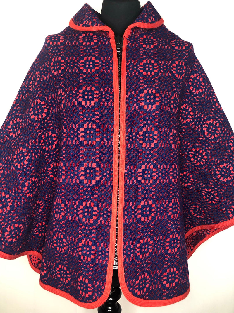 womens  welsh wool  welsh  vintage  Urban Village Vintage  tapestry  S  red  MOD  cape  blue  60s  1960s