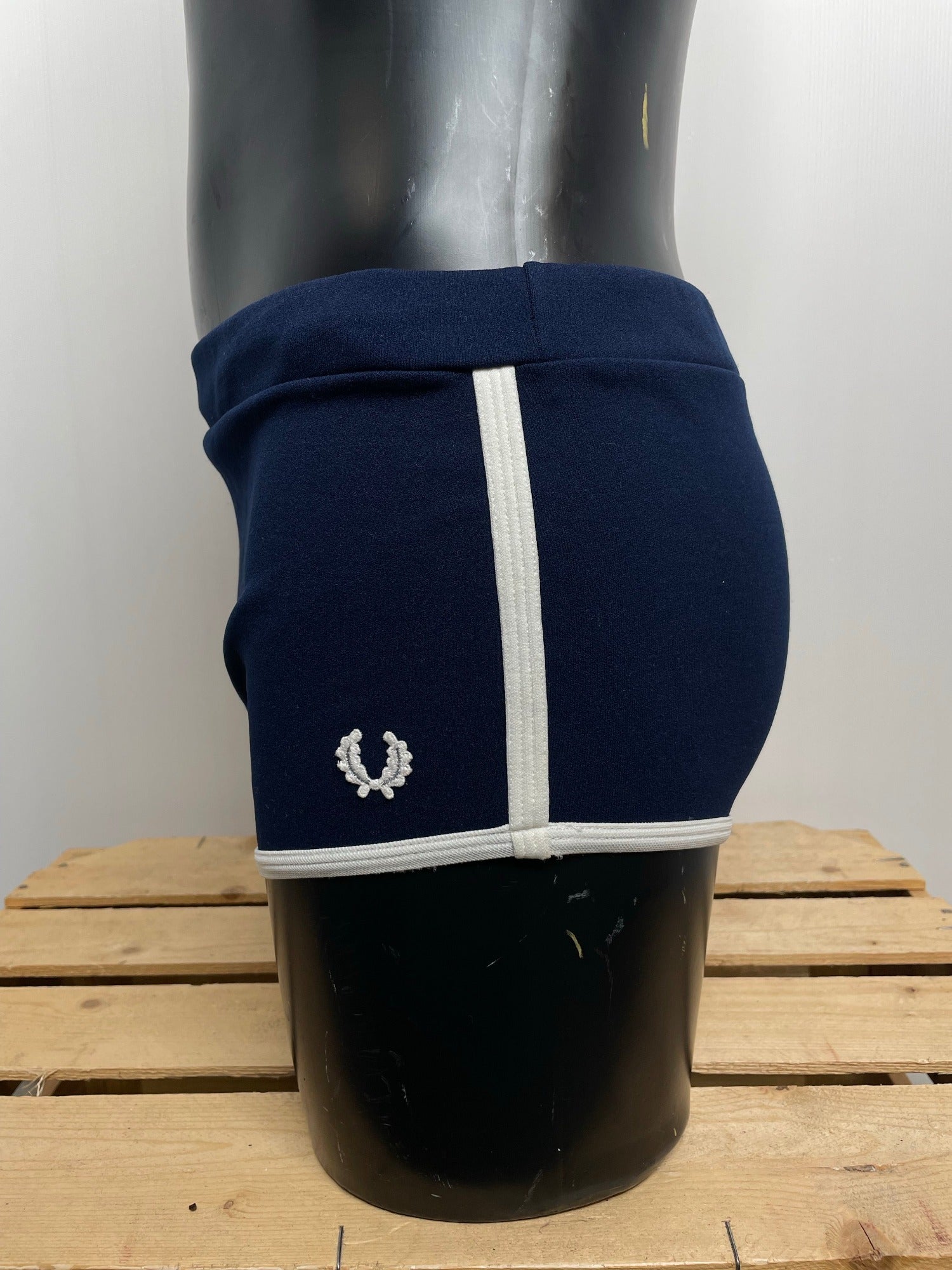 vintage  Urban Village Vintage  Swimwear  swimsuit  swimming briefs  swimming  swim shorts  swim short  swim  sportswear  sports  shorts  retro  mod  mens  laurel wreath  large  L  fred perry  fred  budgie smugglers  briefs  blue  beach  bathing shorts  60s  1960s