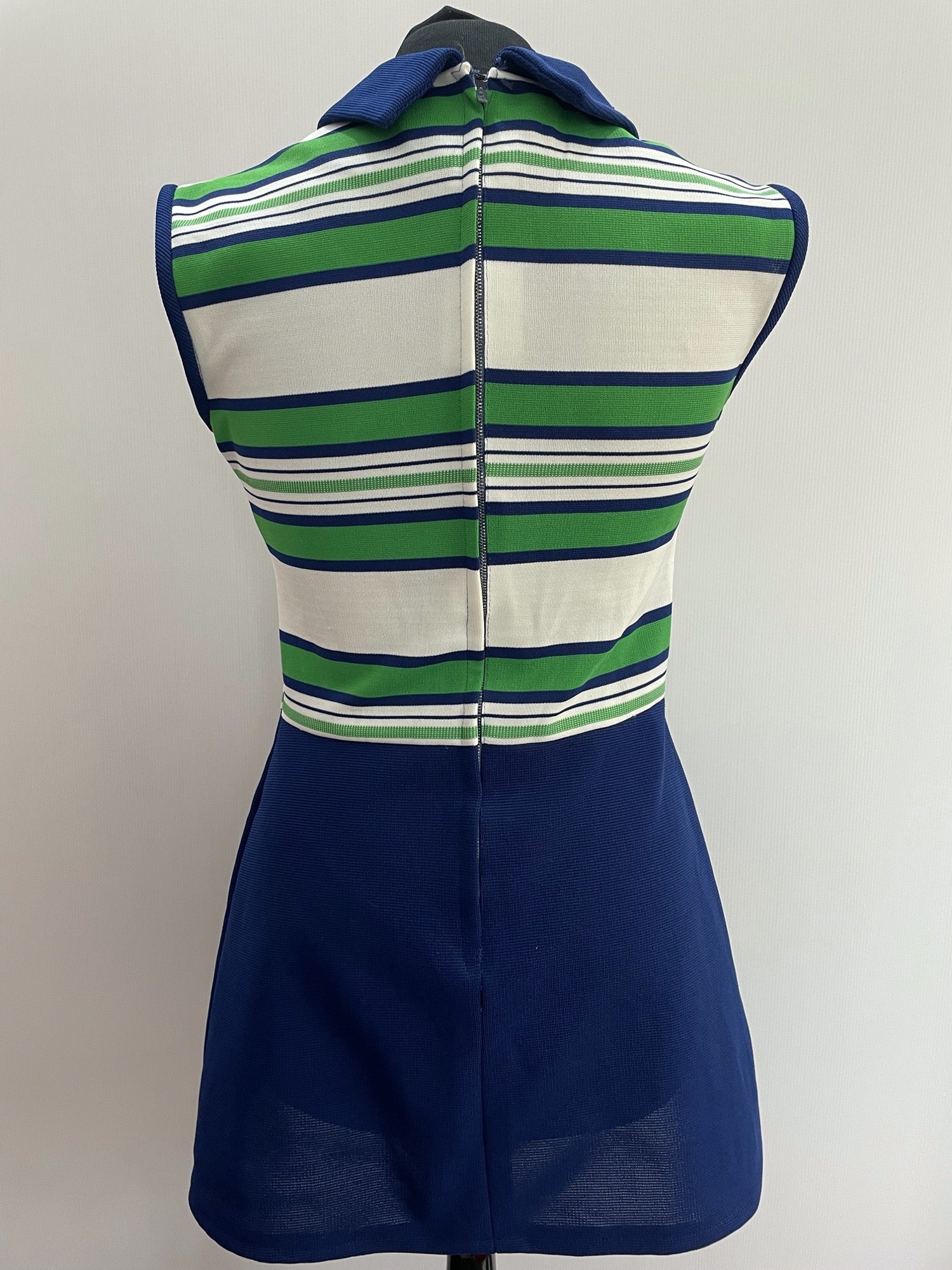 zip back  zip  womens  vintage  Urban Village Vintage  urban village  summer dress  summer  stripey  Stripes  striped dress  striped  stripe dress  stripe detailing  stripe  sleeveless  MOD  midi dress  midi  large collar  Green  collared dress  collared  collar  button  blue  back zip  60s  1960s  10