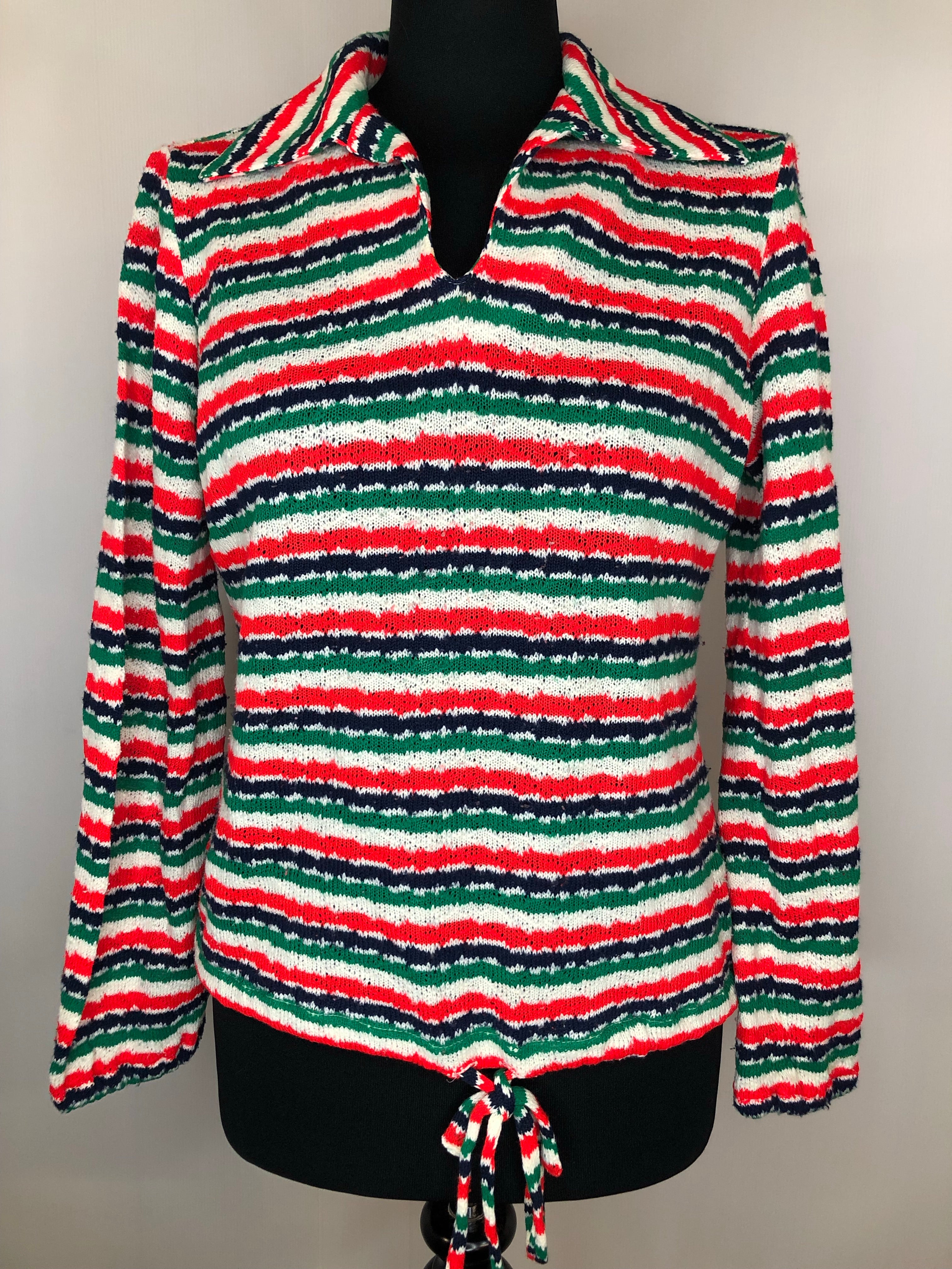 1970s Stripe Knit Tie Waist Top - Size UK 16