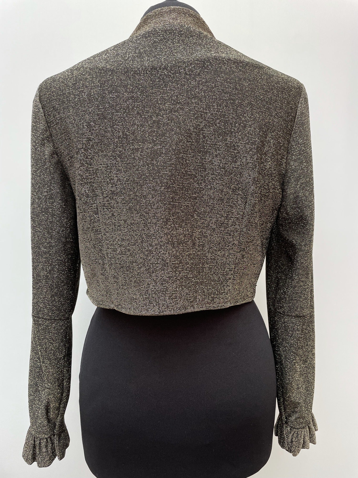 womens  vintage  Urban Village Vintage  urban village  Stripes  shimmer  retro  lurex  long sleeve  Jacket  high neck  frilly  frill detail  evening blouse  cropped  crop jacket  collar  button down  blouse  70s  1970s  12