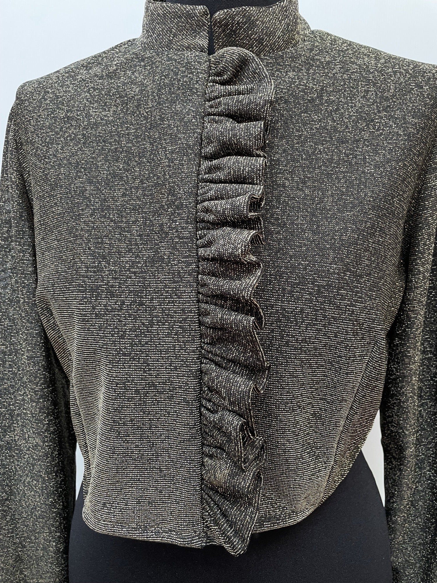 womens  vintage  Urban Village Vintage  urban village  Stripes  shimmer  retro  lurex  long sleeve  Jacket  high neck  frilly  frill detail  evening blouse  cropped  crop jacket  collar  button down  blouse  70s  1970s  12