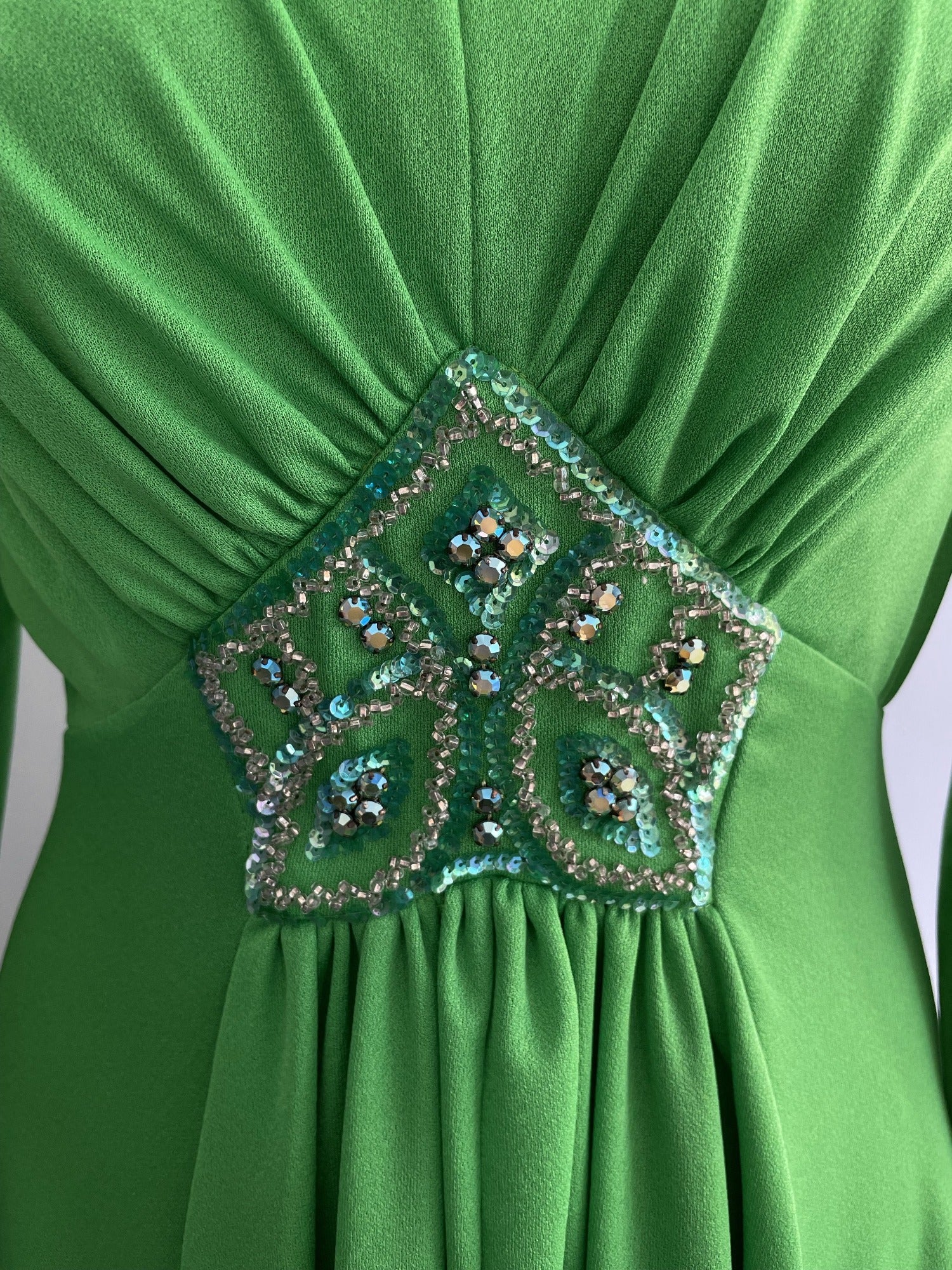 womens  vintage  Urban Village Vintage  urban village  studio 54  party dress  party  new year  maxi dress  long length dress  green  glittery  glitter  dress  disco dress  disco  deadstock  christmas  70s  1970s  10