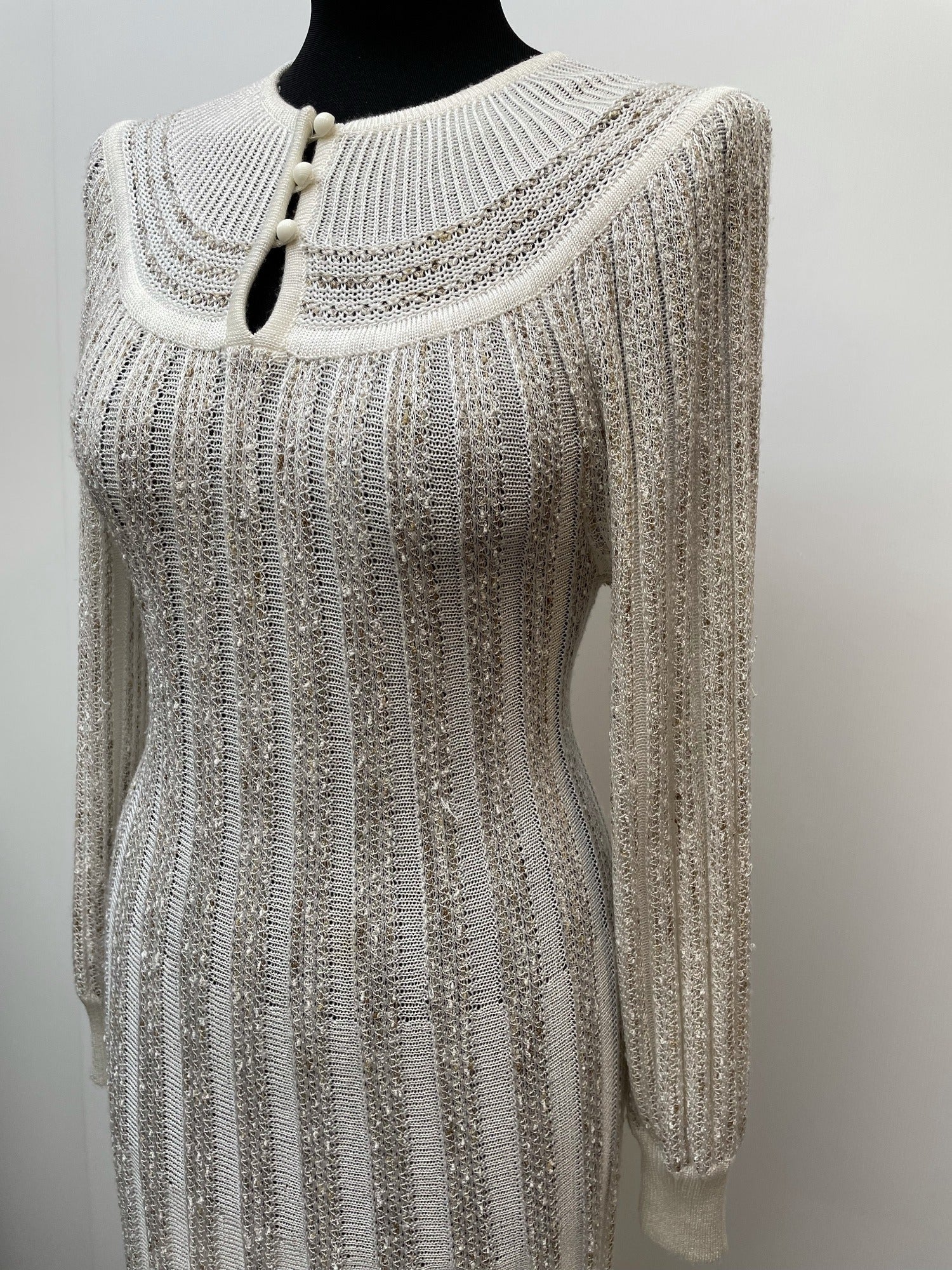 womens  white  vintage  Urban Village Vintage  urban village  tricoville  stretch fabric  sheer  semi sheer  patterned dress  patterned  maxi dress  maxi  long sleeve  light knit  knitwear  knitted  knit dress  knit  elasticated  dress  button up  button  8  70s  1970s