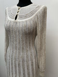 womens  white  vintage  Urban Village Vintage  urban village  tricoville  stretch fabric  sheer  semi sheer  patterned dress  patterned  maxi dress  maxi  long sleeve  light knit  knitwear  knitted  knit dress  knit  elasticated  dress  button up  button  8  70s  1970s