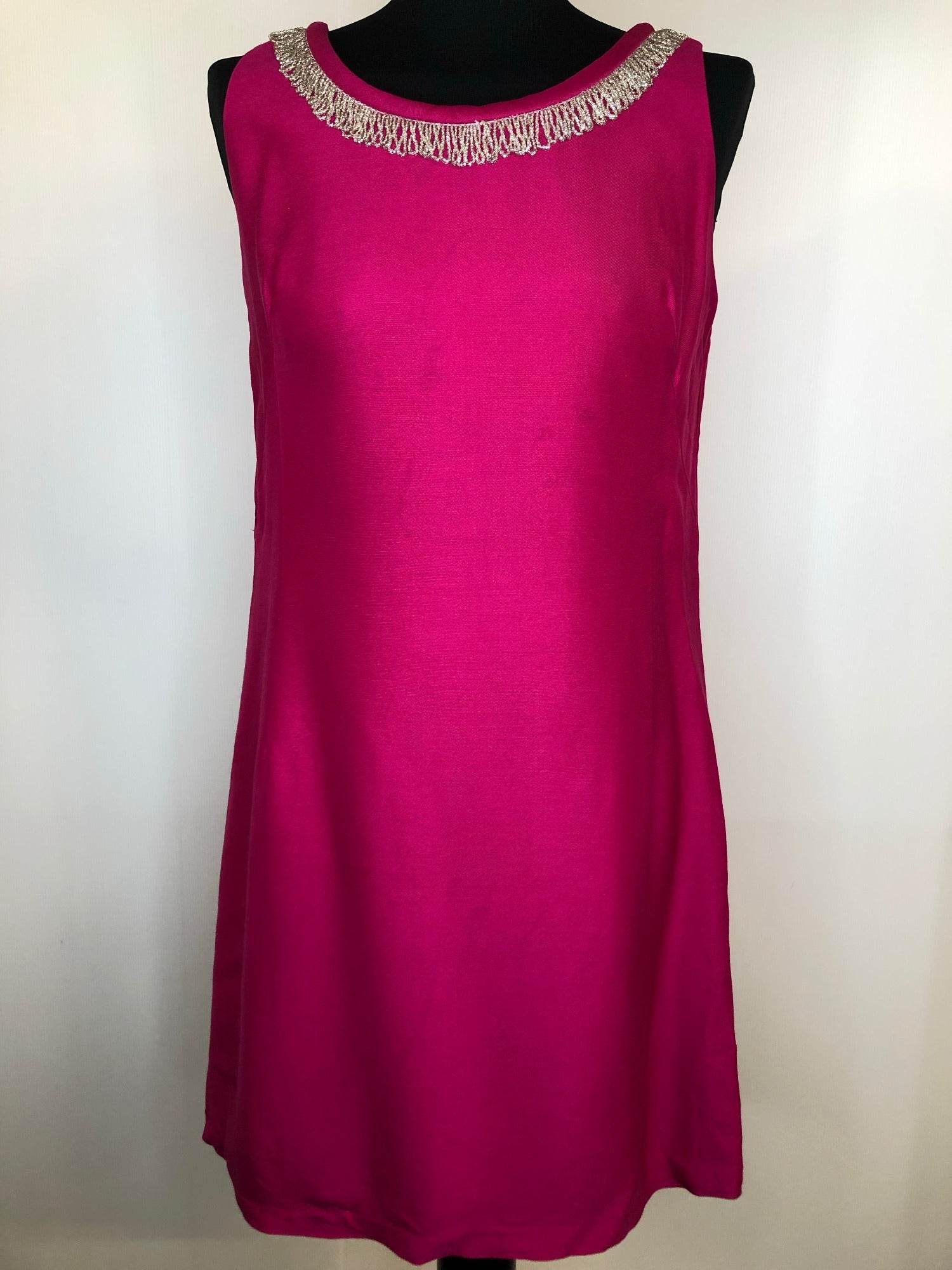 10  womens  vintage  stitch detailing  stitch detail  sleevless  silver beading  retro  polyester  pockets  pink  Montigo Bay  MOD  midi dress  midi  dress  beaded neckline  back zip  60s  1960s