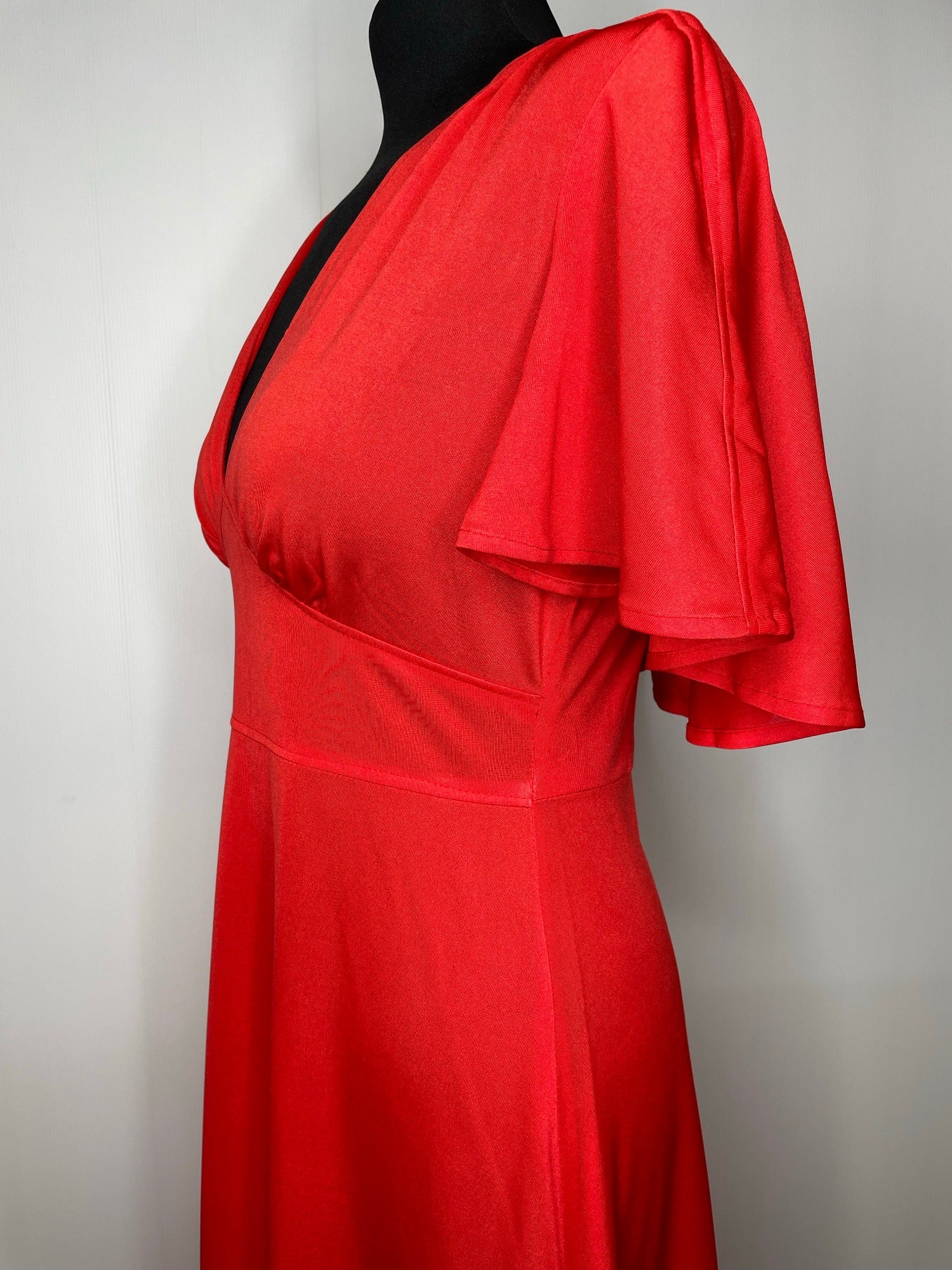 womens  vintage  v neck  Urban Village Vintage  topshop  summer  retro  red  plunge  maxi dress  maxi  long dress  flutter sleeves  festive  dress  christmas  cape  70s  70  1970s  10