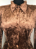 womens  vintage  velvet  Urban Village Vintage  top  frill sleeve  dagger collar  brown  blouse  70s  1970s  12