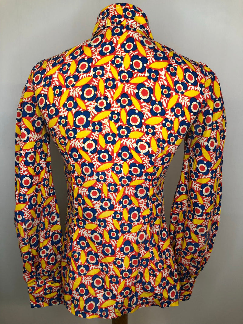 womens  vintage  Urban Village Vintage  top  shirt  red  psych  multi  floral print  blouse  beagle collar  60s  1960s  10