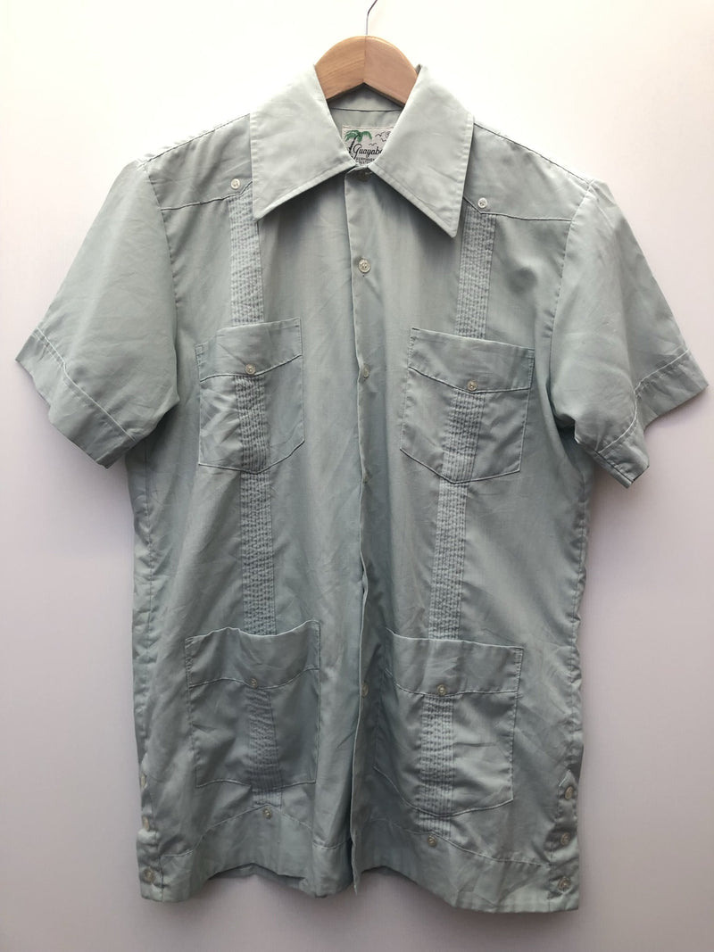 vintage  Urban Village Vintage  urban village  urban  summer  stitch detailing  S  retro  mens  guayabera  cuban  collar  blue  big collar  70s  70  1970s