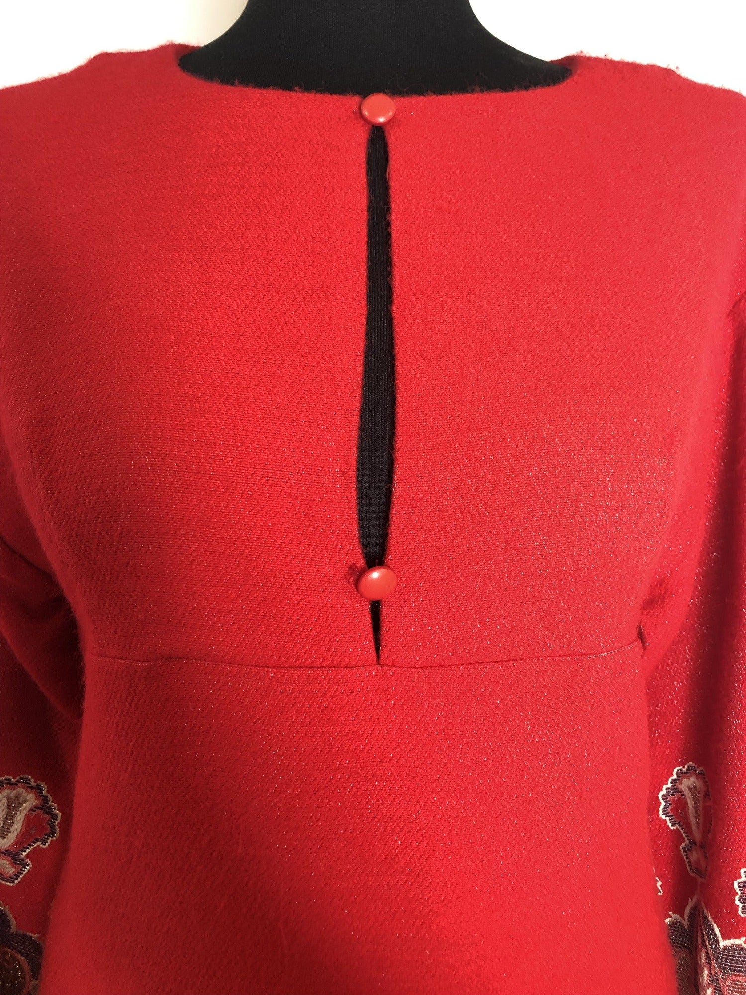 womens  vintage  Urban Village Vintage  urban village  Sybil Zelker  red  Polly Peck  metallic  maxi dress  maxi  keyhole neck  keyhole  ethnic embroidery  ethnic  boho  bohemian  bell sleeves  bell sleeve  back zip  70s  1970s  14