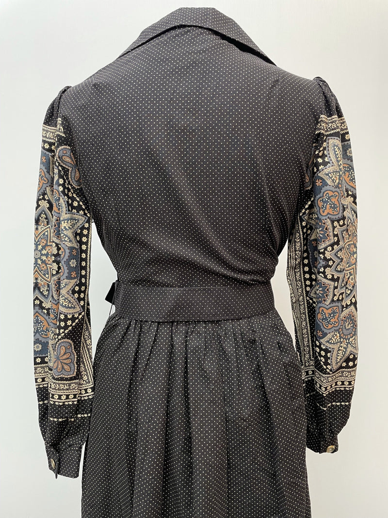 womens  waist belt  vintage  Urban Village Vintage  urban village  sleeves  sleeve  Paisley Print  paisley inspired  paisley  maxi dress  maxi  long sleeves  dress  collared dress  button up  button front  button  boho  bohemian  black  Berketex  belted dress  70s  1970s  12