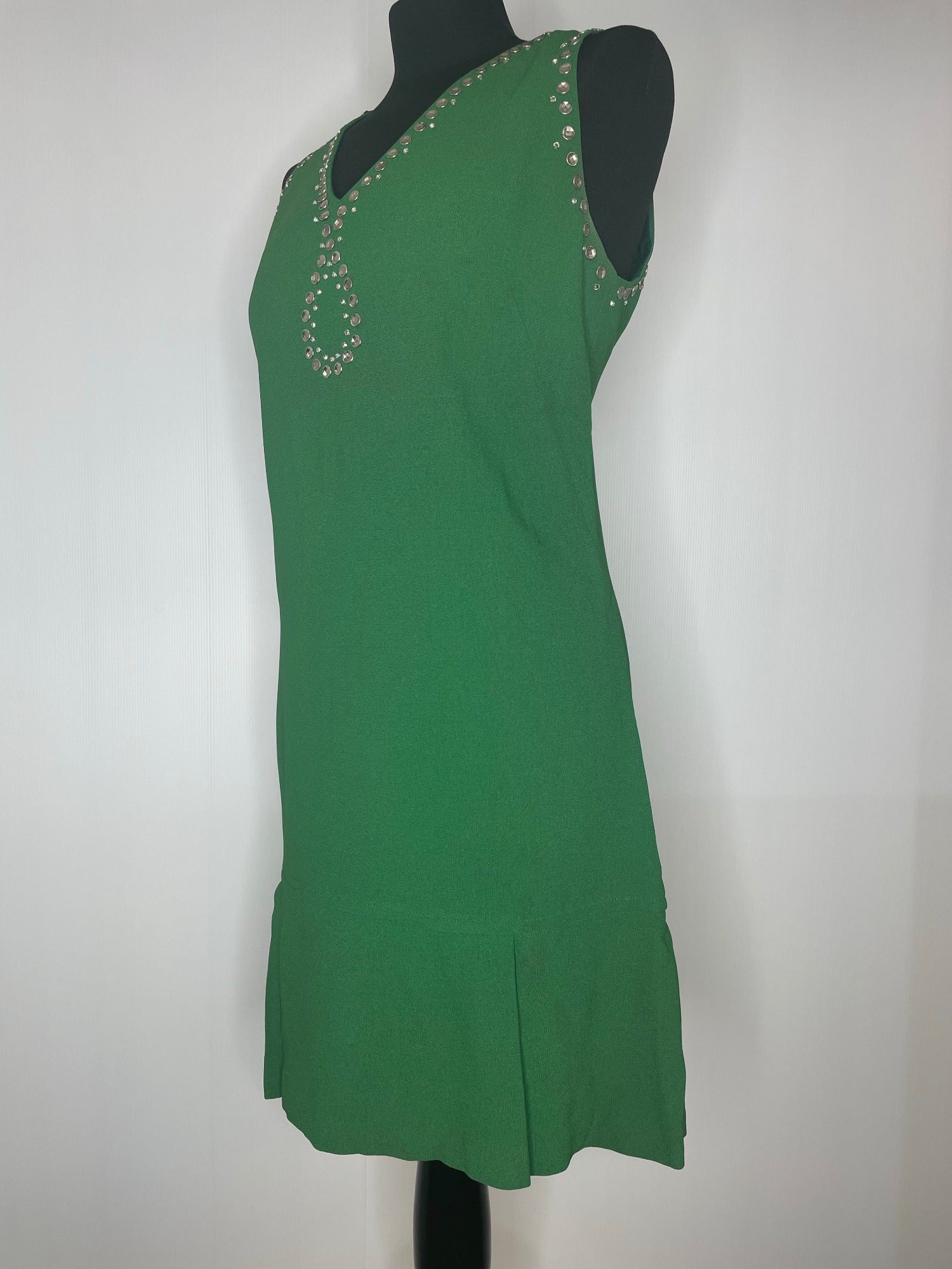 womens  vintage  Urban Village Vintage  short dress  scooter dress  scooter  pinafore dress  pinafore  party  modette  MOD  mini dress  micro mini  jewelled  jewel  green  drop waist dress  dress  dolly dress  dolly  60s  1960s  10