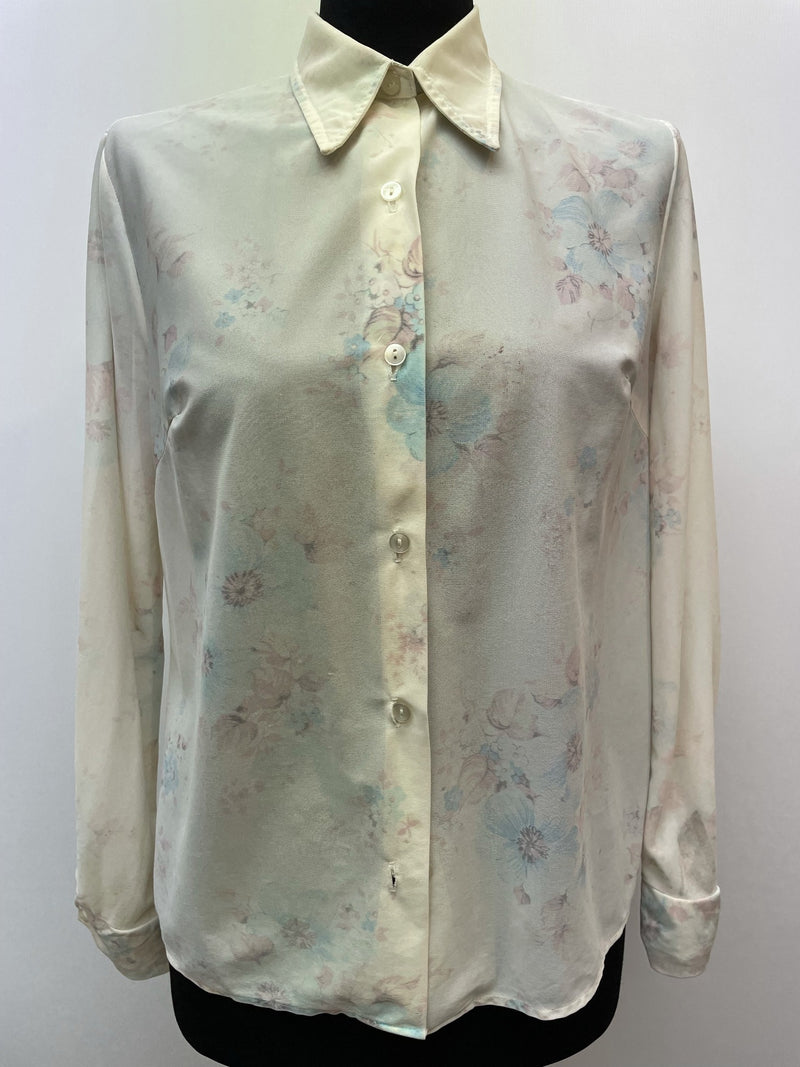 womens  vintage  Urban Village Vintage  urban village  sheer  semi sheer  print blouse  long sleeve  floral shirt  floral print  floral  dagger collar  collar  button front  button  blouse  big collar  belted dress  70s  1970s
