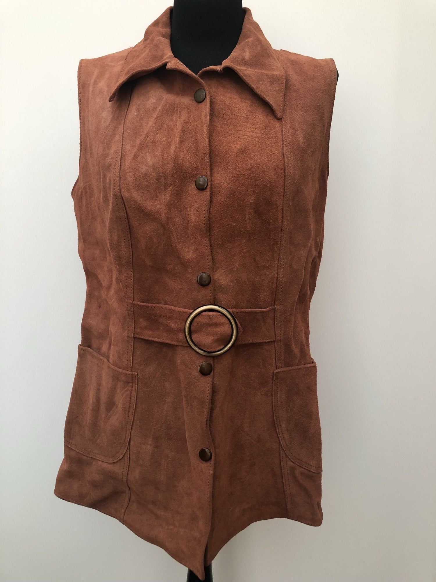 womens jacket  womens coat  womens  Walton Leatherwear  waistcoat  waist belt  vintage  vest  Urban Village Vintage  summer  Suede Jacket  Suede  press stud fastening  Jacket  fitted  collar  brown  70  1970s  12