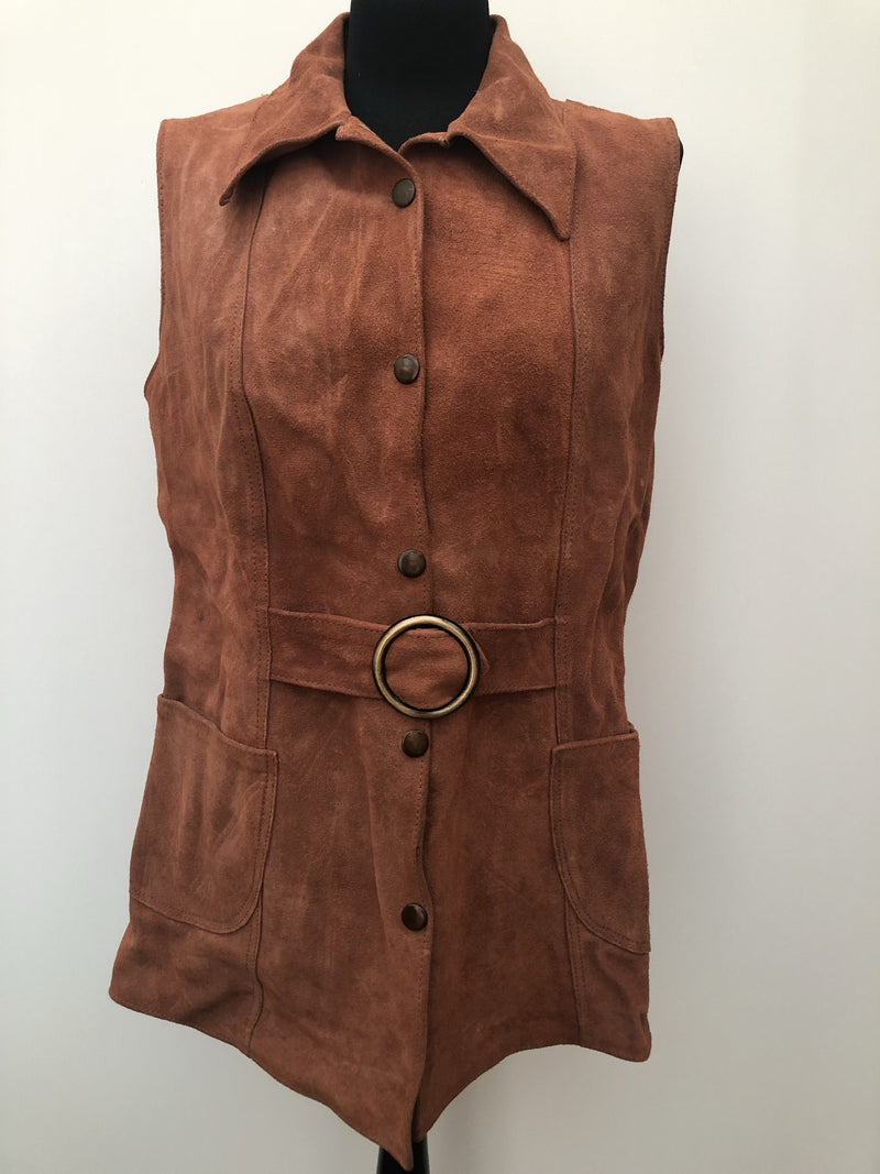 womens jacket  womens coat  womens  Walton Leatherwear  waistcoat  waist belt  vintage  vest  Urban Village Vintage  summer  Suede Jacket  Suede  press stud fastening  Jacket  fitted  collar  brown  70  1970s  12