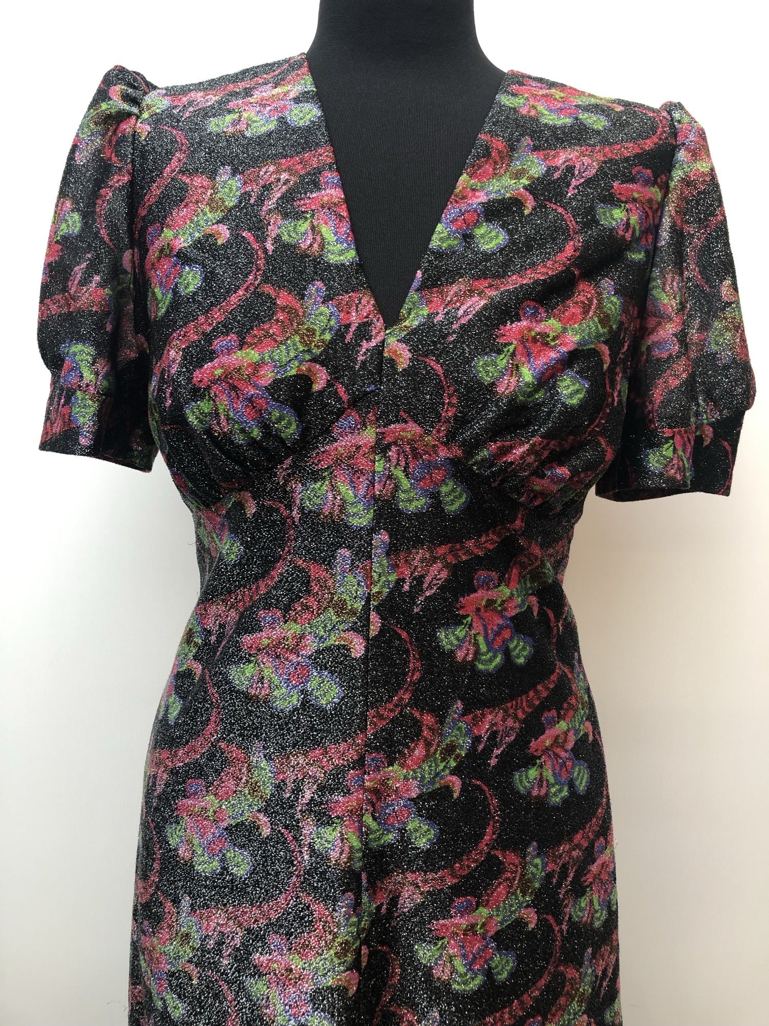 zip  womens  vintage  Urban Village Vintage  urban village  silver  maxi dress  lurex  long length dress  glitter  floral dress  dress  back zip  70s  1970s  10