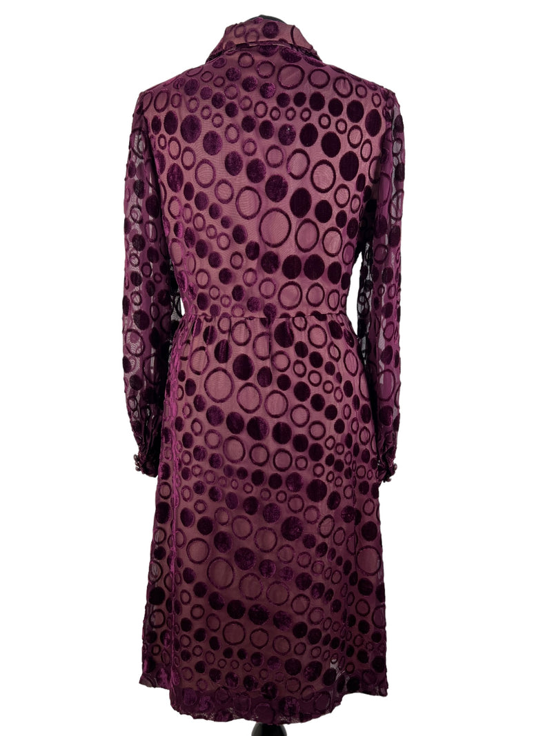 zero waste womens vintage velvet pattern Urban Village Vintage UK thrifted thrift sustainable Susan Small style store slow fashion shop second hand save the planet reuse recycled recycle recycable purple preloved party season party dress party online long sleeve ladies fashion evening dress evening ethical Eco friendly Eco dress date night dagger collar dagger concious fashion clothing clothes circle pattern chiffon black Birmingham 70s 1970s 12 Online Store