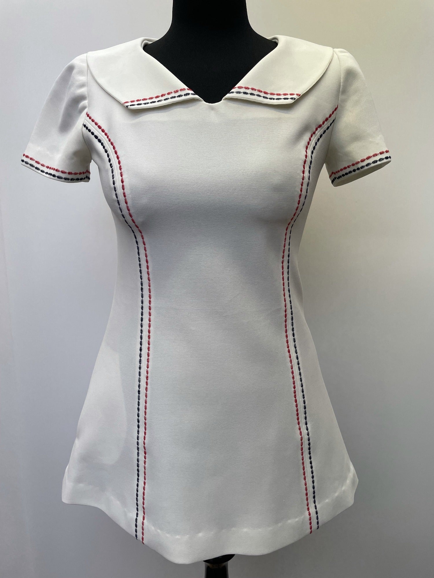 zip  womens  vintage  Urban Village Vintage  urban village  Stripes  stitch detailing  stitch detail  red stitching  red  pockets  MOD  mini dress  mini  Embroidered  dress  collared dress  collared  collar dress  collar  back zip  8  60s  1960s