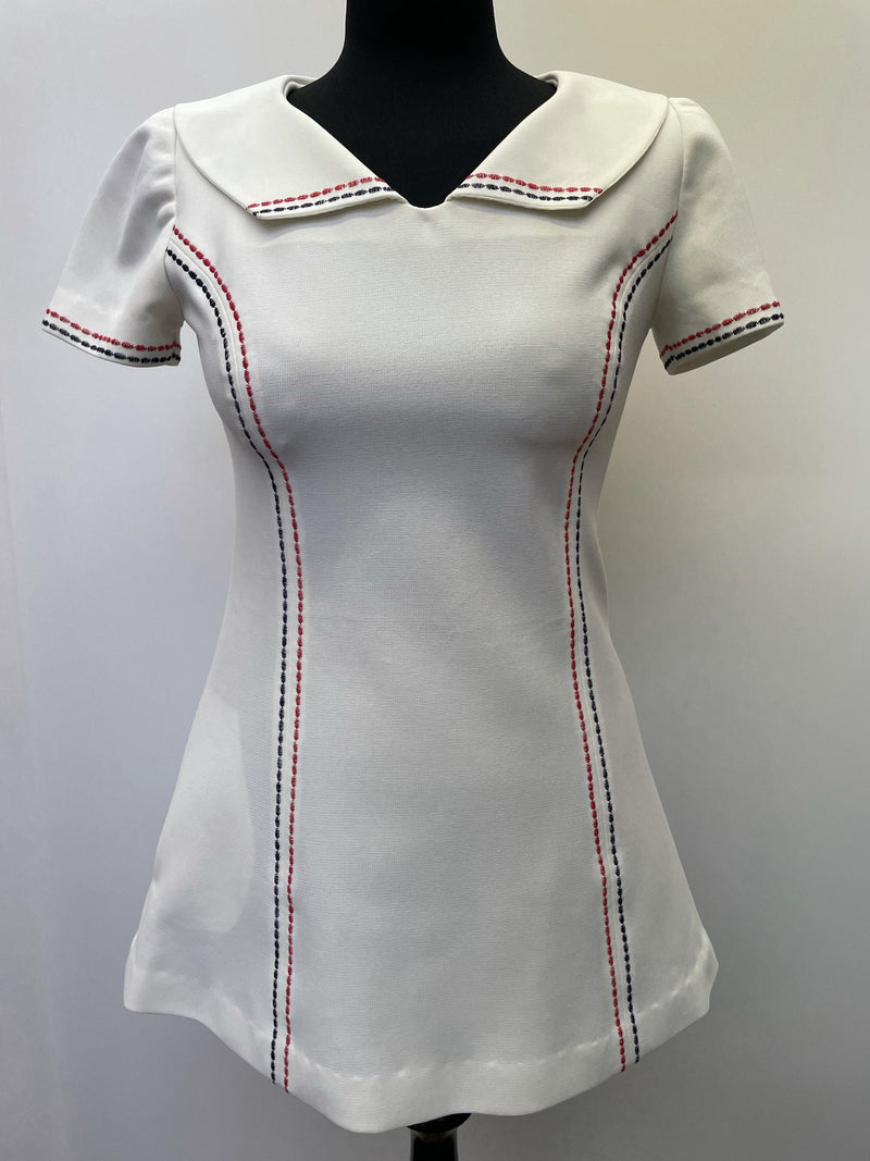 zip  womens  vintage  Urban Village Vintage  urban village  Stripes  stitch detailing  stitch detail  red stitching  red  pockets  MOD  mini dress  mini  Embroidered  dress  collared dress  collared  collar dress  collar  back zip  8  60s  1960s